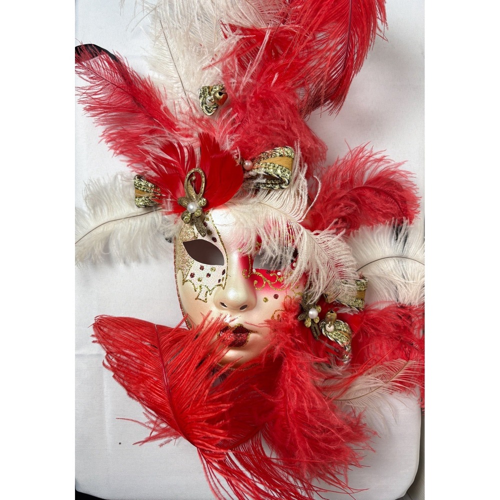 La Maschera Del Galeone Mask Italy Venezia Feathers Handmade Red Gold